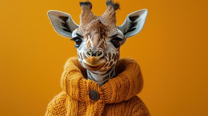 A charming giraffe wearing a knitted orange sweater against a bright yellow background. The playful portrait showcases the giraffe's adorable features and personality.