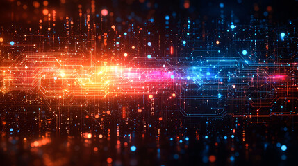 Obraz premium Abstract digital background with glowing lines and particles in red, orange, blue, and white.