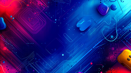 Obraz premium Abstract digital illustration with glowing neon lines and game controller elements on a dark blue background.