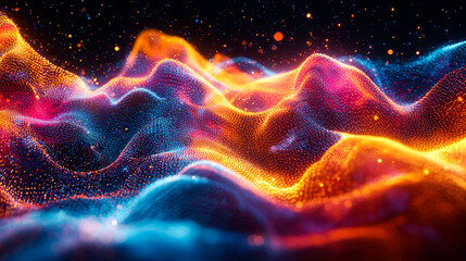 Fototapeta premium Abstract digital landscape with glowing particles in blue, orange, and red.
