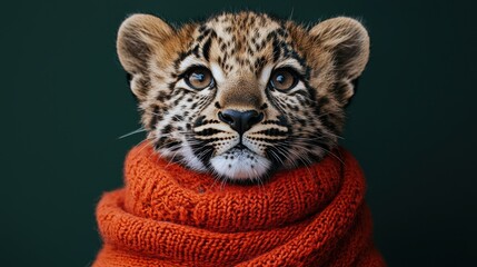 Fototapeta premium A close-up of an adorable leopard cub wrapped in a vibrant orange sweater, displaying expressive eyes and a captivating face, making for a heartwarming scene.