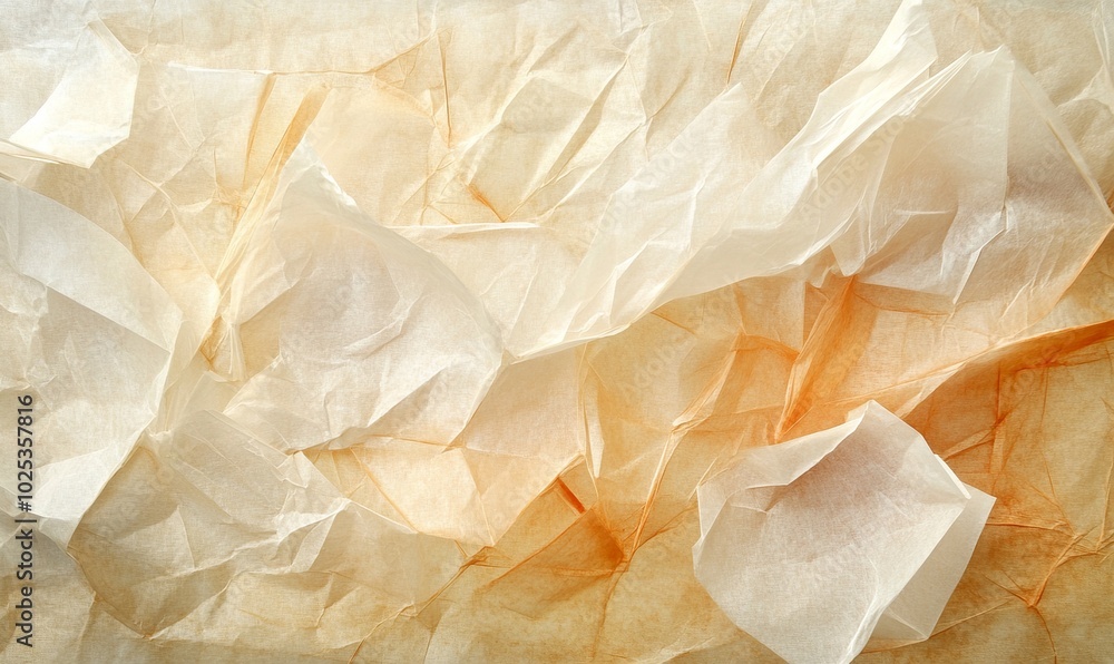 Poster overlapping translucent shapes create an abstract pattern resembling aged, crinkled parchment on a t
