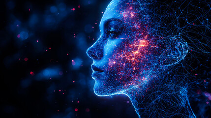 Obraz premium Abstract digital portrait of a woman's face, rendered in glowing blue and orange lines against a dark background with bokeh.