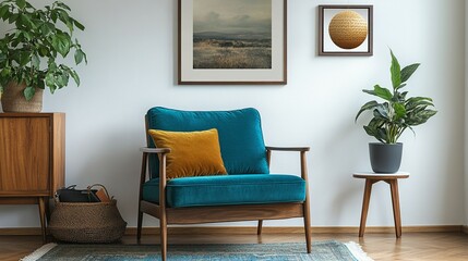 Fototapeta premium A teal-cushioned wooden chair and a potted plant sit by a window in a modern mid-century home interior.