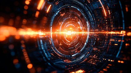 Obraz premium Abstract digital tunnel with glowing orange and blue lights.