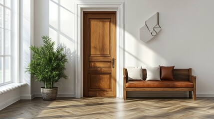 A bright white room featuring a wooden bench with a brown leather cushion, showcasing Scandinavian interior design.