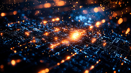 Fototapeta premium Abstract glowing circuit board with a bright center, representing technological advancement.