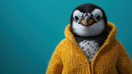 A charming penguin dressed in a cozy yellow sweater over a turquoise background, showcasing its adorable features and fun personality.