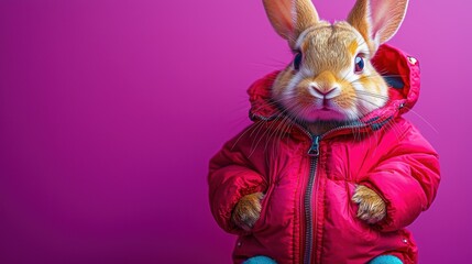 A cute rabbit in a red puffer jacket sits against a bright pink background, showcasing its adorable features.