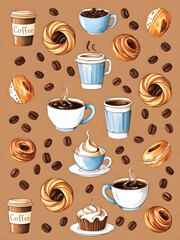 Obraz premium Delightful coffee and pastry pattern featuring various cups, donuts, and aromatic coffee beans on a warm background
