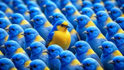 Obraz premium A single yellow bird stands out from the crowd of blue birds. A concept of individuality.