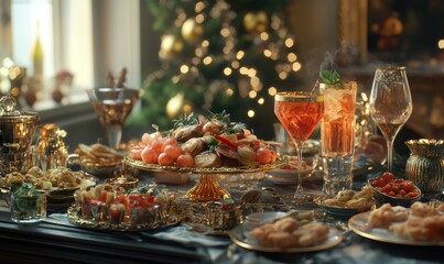 Fototapeta premium New Year's Eve party table with a variety of appetizers, cocktails, and a centerpiece of golden decorations, ready for the celebration