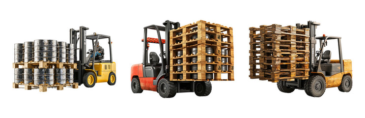 Forklifts Transporting Goods in Warehouse Setting Isolated on Transparent Background