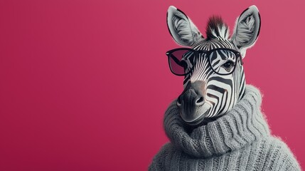 A whimsical image of a zebra wearing glasses and a cozy turtleneck sweater against a vibrant pink background, exuding creativity and charm.