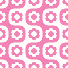 Seamless pattern with cute pink flowers in 1960s, 1970s style. Minimalistic pale pink and white checkered geometric background and daisies. Cute retro graphic design