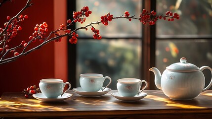 Fototapeta premium softbox lighting porcelain tea sets in an architectural photography setting highlighting elegant porcelain tea sets with soft lighting