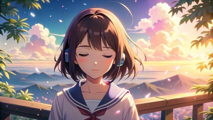A young woman with brown hair and eyes closes her eyes as she listens to music, lost in thought, with a beautiful sunset in the background.