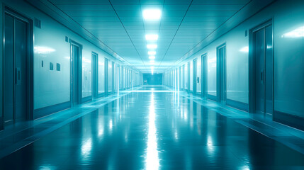 Obraz premium Empty, blue-toned corridor with bright lights reflecting off the glossy floor.