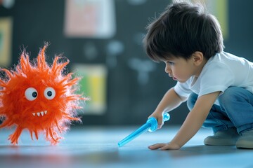 Little boy battling a toy virus with a plastic sword in a classroom, wearing a white t-shirt and jeans, focusing on his playful imaginary fight