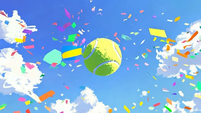 A tennis ball is flying through the air with confetti falling around it. The scene is colorful and lively, with the confetti adding a festive touch to the image