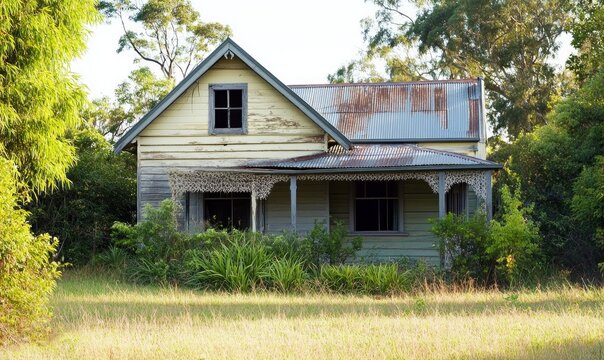old Queenslander style house in Brisbane suburbs with an overgrown garden on a sunny day