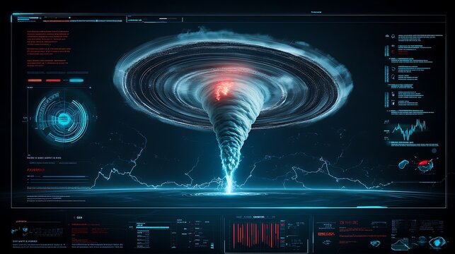 Severe Weather Radar with Tornado Alert: A close-up of a digital radar screen showing a tornado forming in the distance.