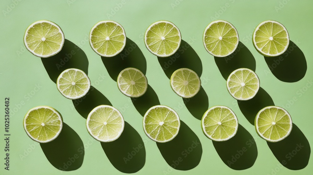Poster a pattern of lime slices arranged on a green background, with some casting shadows.