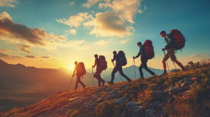 Fototapeta premium Hiking Group Ascending a Mountain Ridge at Sunset