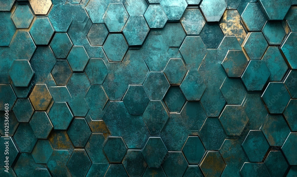 Poster polished tiles arranged to create a 3d wall. blue patina, textured background formed from hexagonal 