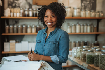 Smiling woman working in a herbal shop filled with jars and dried herbs