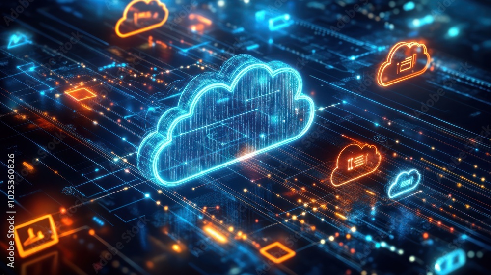 Poster blue and orange cloud computing concept on circuit board background