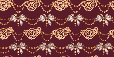 Brown bows, chains, gears, metal composition pattern on a burgundy background watercolor illustration in steampunk style. Mechanical souvenir in techno style isolated from background.  Jewelry,