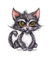 Black little kitten watercolor illustration. A cat with big angry, yellow eyes isolated from the background. Witch's mystical familiar, Halloween tradition. For design of cards, covers, poster clothes