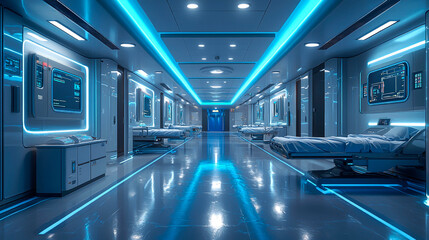 Obraz premium Futuristic hospital hallway with beds, blue neon lights, and a glossy floor.