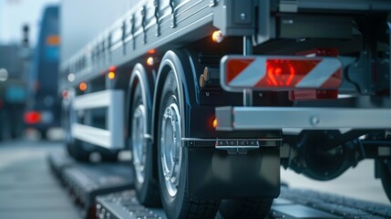 Close-up of a semi-trailer truck's rear wheels, lights, and mud flaps.