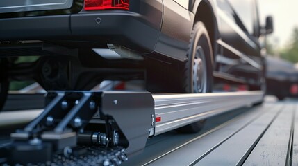 Fototapeta premium Closeup of a black van being loaded onto a tow truck.