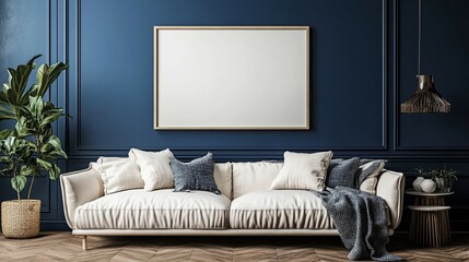 A white couch in a Scandinavian-style living room, set against a navy blue wall with a blank framed picture.