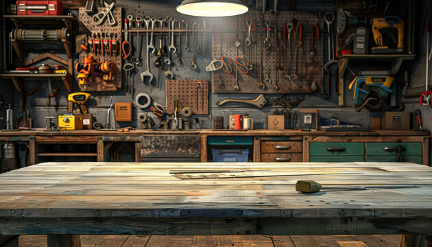Cluttered workshop with tools and equipment on a wooden table. Scene is that of a busy and organized workspace
