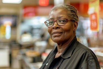 Middle aged adult african american female fast food worker