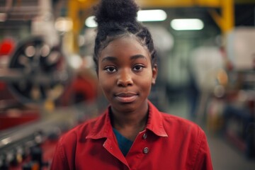Fototapeta premium Portrait of a young adult African American female Assembly Line Worker