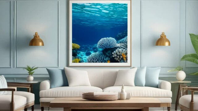 A living room with a large framed painting of a coral reef on the wall. The room is decorated with white furniture and a potted plant. The painting gives the room a calming and peaceful atmosphere