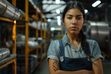 Obraz premium Portrait of a young adult Hispanic female Assembly Line Worker