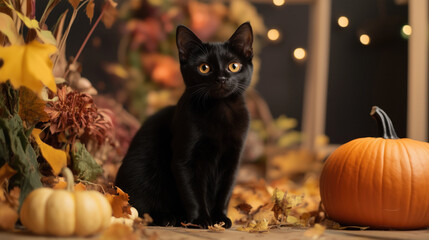 black cat looking at camera next to pumpkin Halloween night scene autumn leaves seasonal backdrop with bokeh background glowing gold lights holiday wallpaper wide ambiance