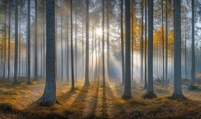 Obraz premium Panorama, spruce forest in autumn with fog, sun shining through the tree trunks