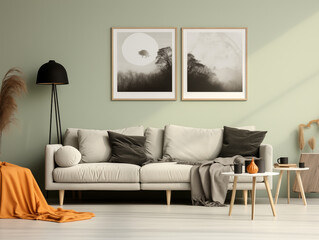 Scandinavian scandi modern minimalist cozy living room interior with fall decor. Neutral sage walls and couch with orange pillows