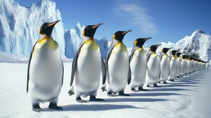 Fototapeta premium A line of emperor penguins walking on the snow and ice, with a blue sky and snow covered mountains in the background.