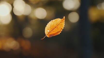 Obraz premium A single autumn leaf gracefully falling from a tree, captured mid-air against a soft blurred background of warm fall colors, symbolizing the beauty and serenity of the changing seasons