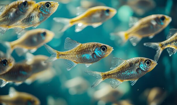 Philippines chromis (Chromis scotochiloptera) shoal swimming in water column above hard cora