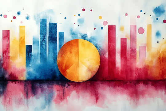 A painting of a city skyline with a large orange circle in the middle. The painting is full of bright colors and has a sense of movement and energy. The orange circle represents the sun