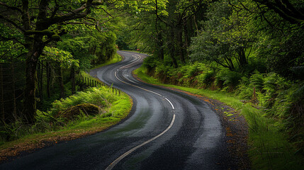 Fototapeta premium A winding road surrounded by vibrant green foliage invites travelers to explore the beauty of nature's landscapes.